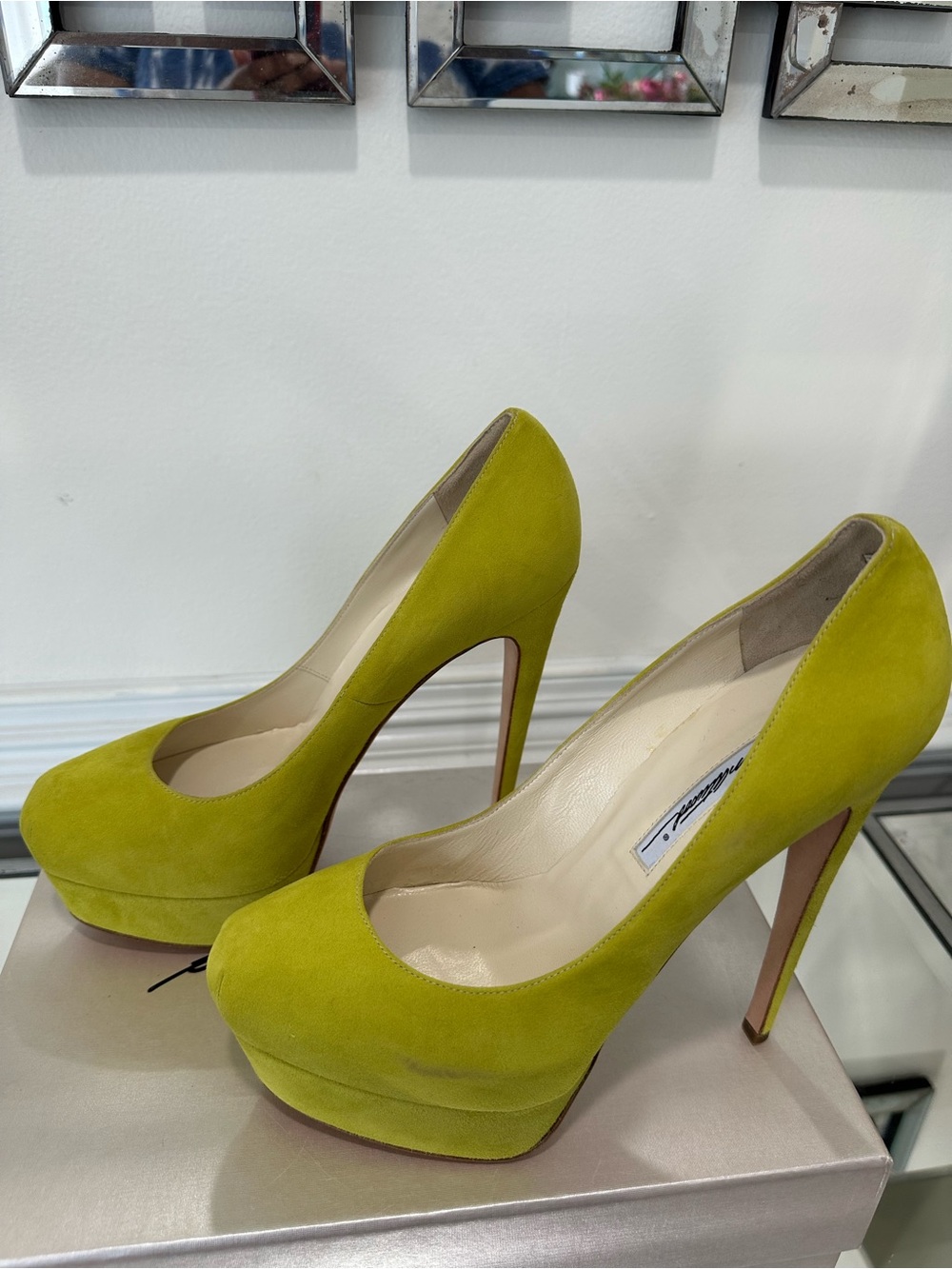 Brian Atwood Lime Green Suede Platform Stiletto Pumps